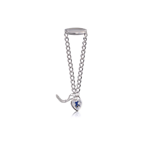 Sterling Silver Child Id Bracelt With A Blue Bird Padlock And Safety Chain