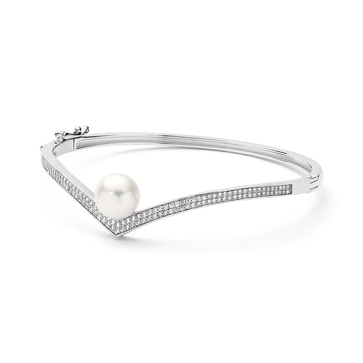 Sterling Silver Curve Cubic Zirconia FreshWater Pearl Bangle