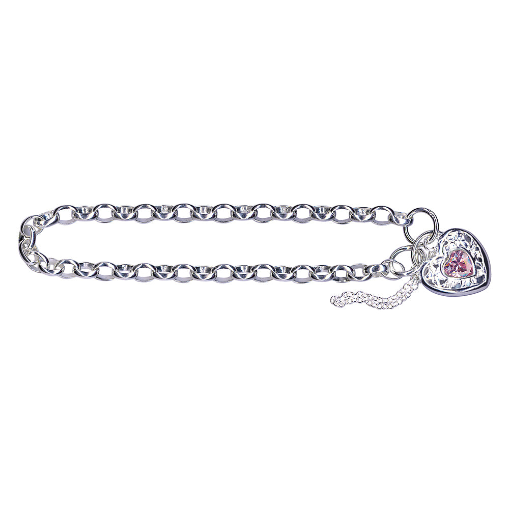 Sterling Silver Belcher Pink Cubic Zirconia Padlock Bracelet