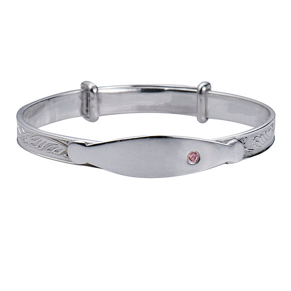 Sterling Silver Child Plate Bangle with Pink Cubic Zirconia