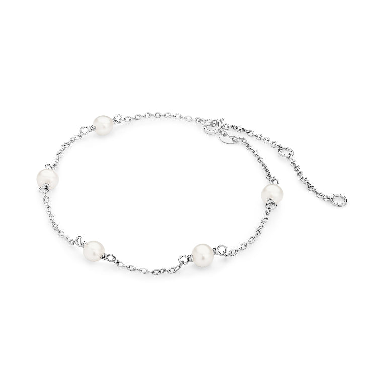 Sterling silver white oval 5mm freshwater pearl chain b'let/anklet 19cm + ext. 5cm