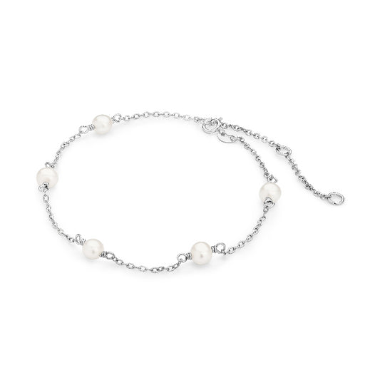 Sterling silver white oval 5mm freshwater pearl chain b'let/anklet 19cm + ext. 5cm