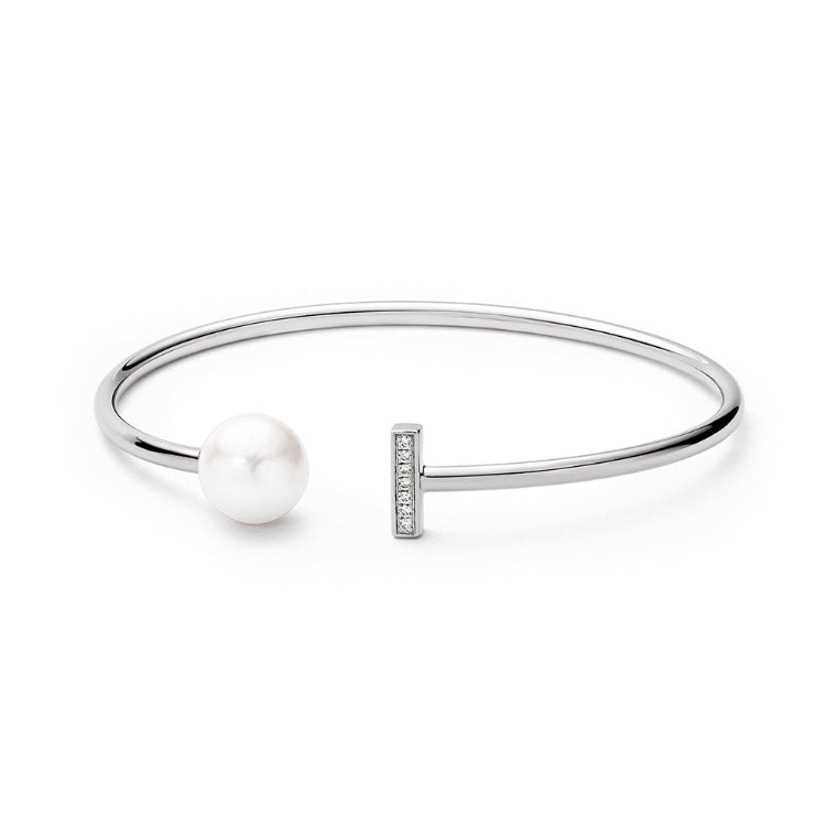 Sterling silver white edison 10.5-11mm freshwater pearl cubic zirconia bar bangle