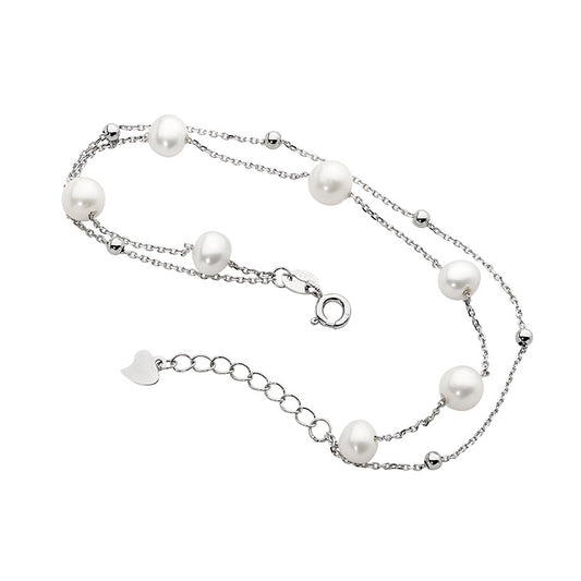 Sterling Silver Double Chain Bracelet With Freshwater Pearl And Ball Extension Chain
