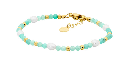 Stainless steel amazonite & freshwater pearl 17.5cm bracelet w/gold ip plating - rrp $89