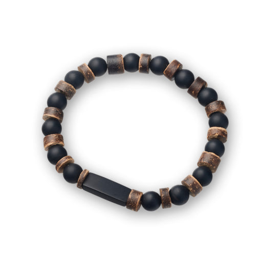 Blaze Stainless Steel Coconut And Agate Bead Bracelet With Ip Black Id Plate