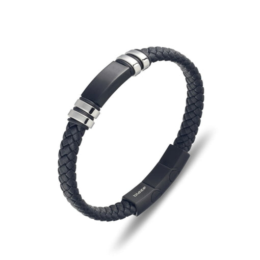 Blaze Stainless Steel Mes Black Leather Bangle With Steel Detail