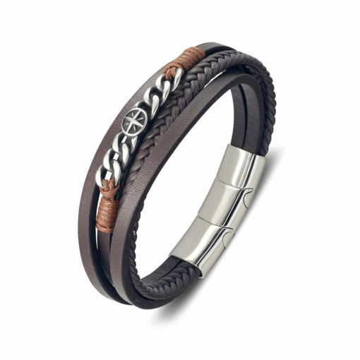 Blaze Stainless Steel Mens Multi Strand Dark Brown Leather Bangle With Chain And Cross.
