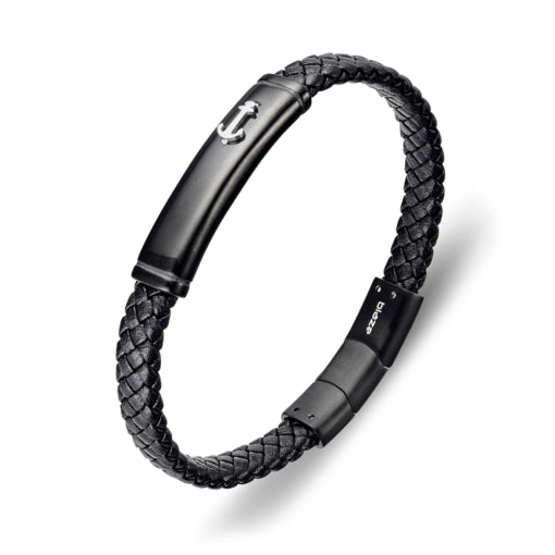 Blaze Stainless Steel 8Mm Black Leather Bracelet With Anchor Design