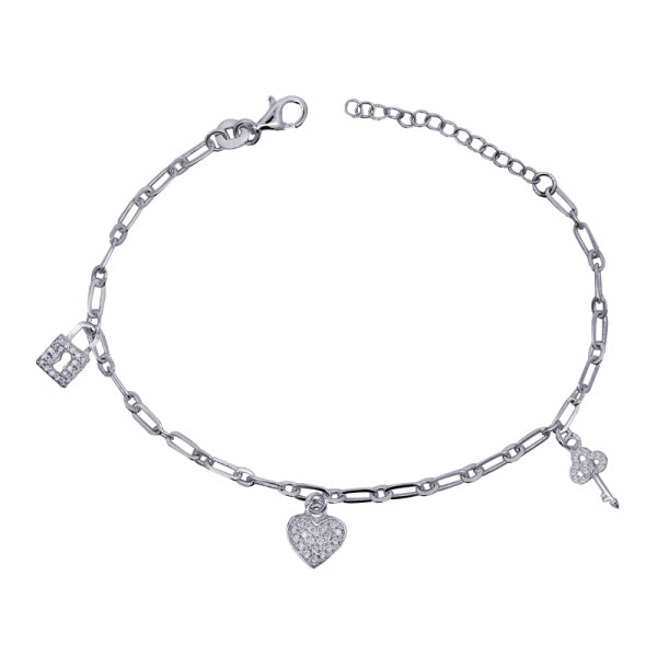 Sterling Silver Charm Bracelet With Cubic Zirconia Padlock Heart And Key