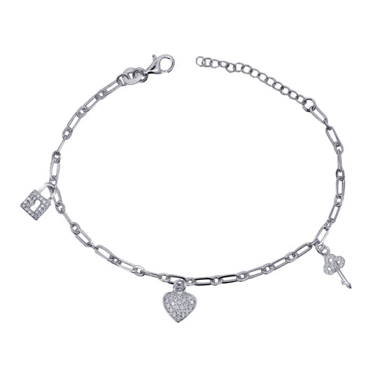 Sterling Silver Charm Bracelet With Cubic Zirconia Padlock Heart And Key