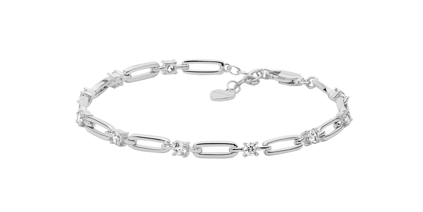 Sterling Silver Open Oval Link 3.5Mm White Cubic Zirconia 17Cm Bracelet With Ext Chain