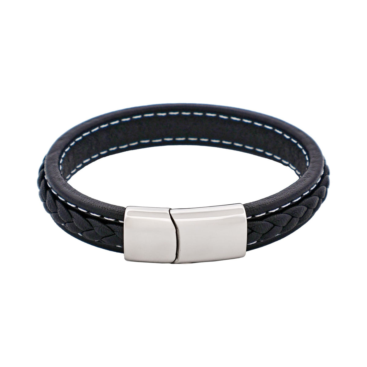 Savage - Black Stitched Leather/Stainless Steel Bracelet