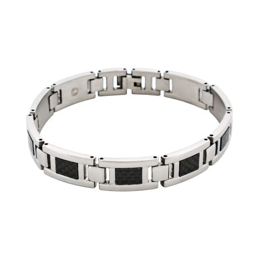 Polished Stainless Steel Bracelet With Black Carbon Fibre Inlay
