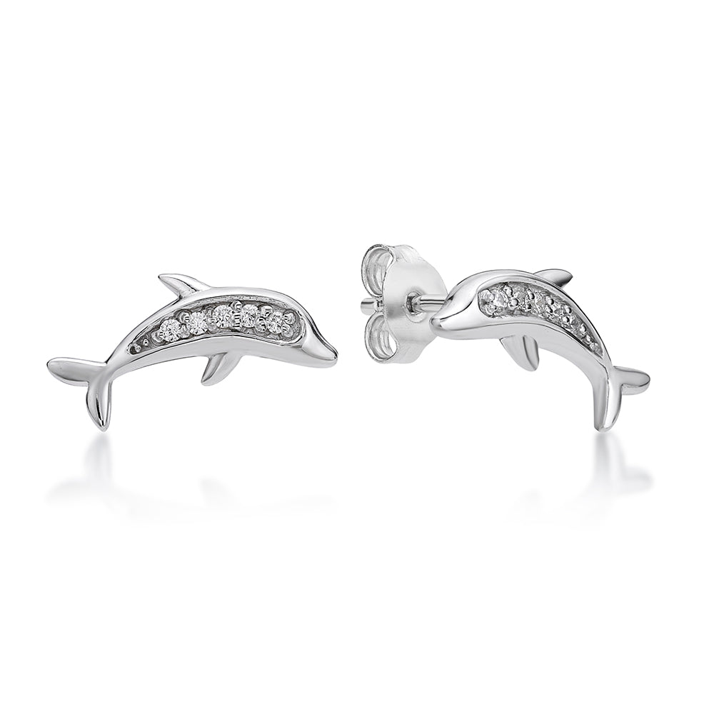 STERLING SILVER DOLPHIN CZ STUD EARRINGS