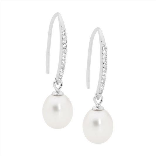 SS WH CZ Drop Shp Hook Earrings w/ Freshwater Pearl - RRP $79