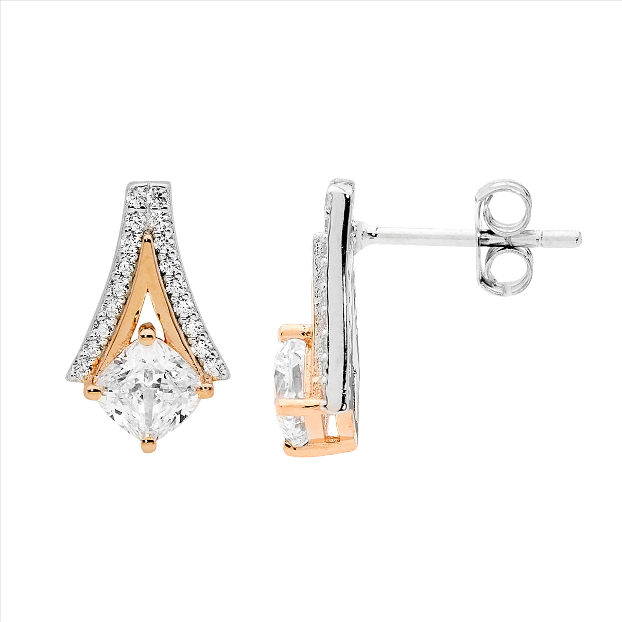 SS WH CZ open V w/ cushion cut & rose gold plating earrings - RRP $119