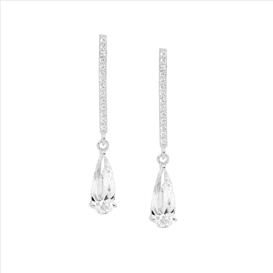 SS WH CZ drop bar w/ long tear cz earrings - RRP $139