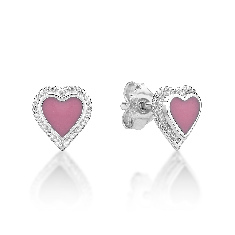 Sterling Silver Pink Heart Studs with Faux Twist