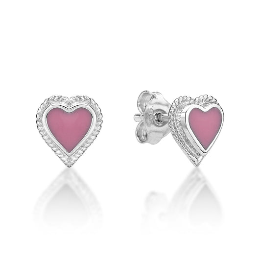 Sterling Silver Pink Heart Studs with Faux Twist