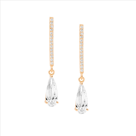 SS Sterling Silver Rose Gold Plated Drop Stud With Elegant Cubic Zirconia Tear Drop Earrings