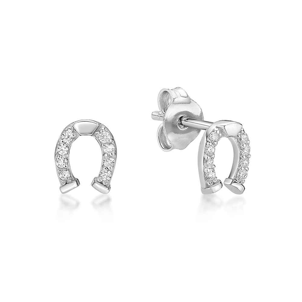 Sterling Silver Horse Shoe Cz Stud Earrings