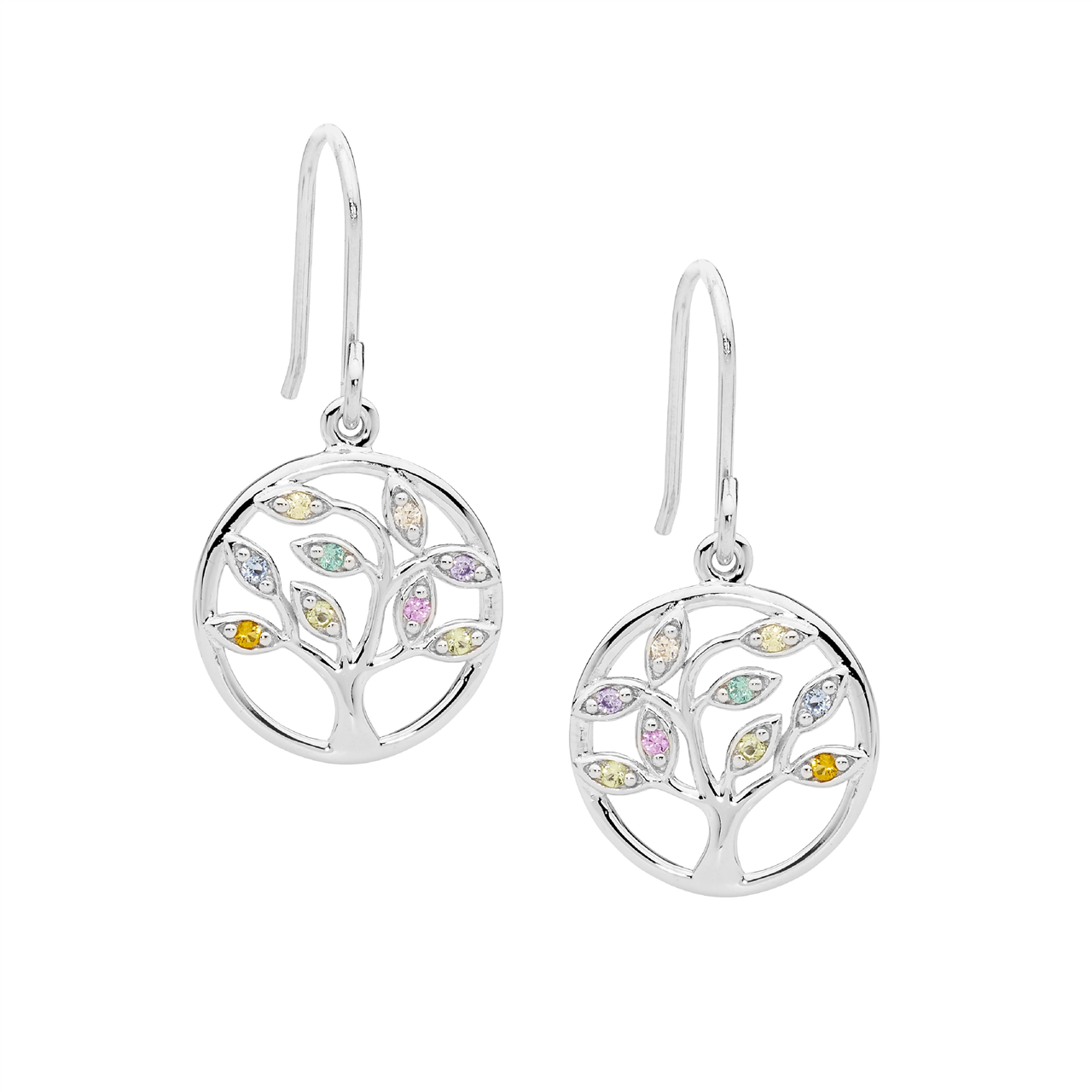 Sterling Silver Tree Of Life Embellished With Colorful Cubic Zirconia Drop And Shepherd Hook