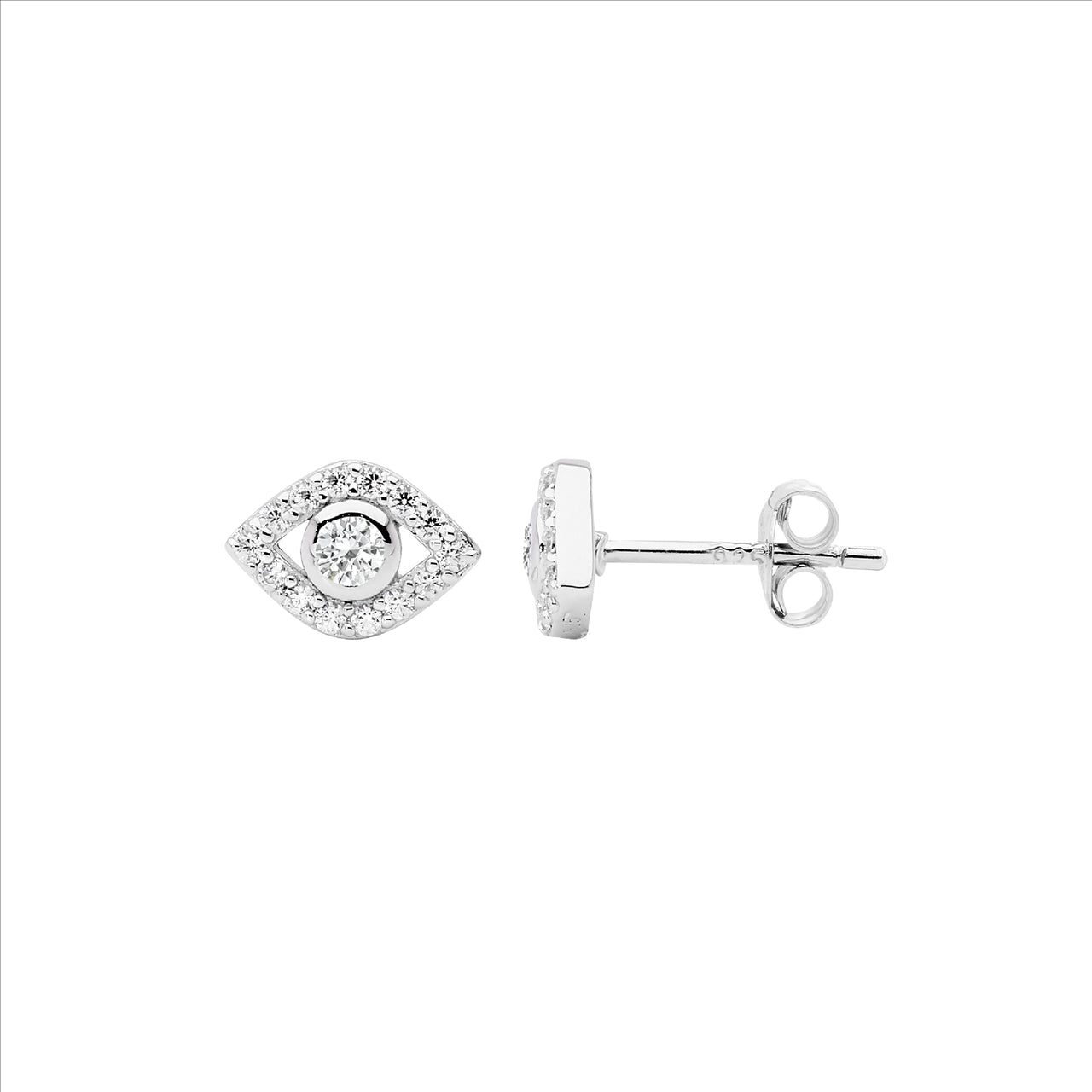 Sterling Silver Bezel Set Cubic Zirconia Evil Eye Stud Earrings