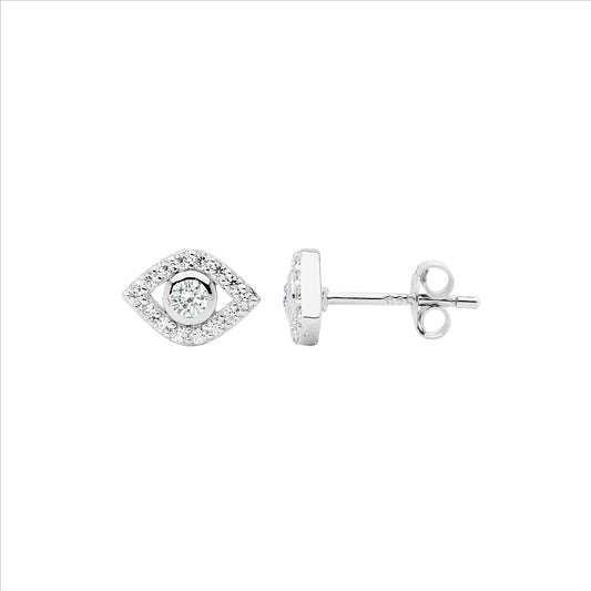 Sterling Silver Bezel Set Cubic Zirconia Evil Eye Stud Earrings