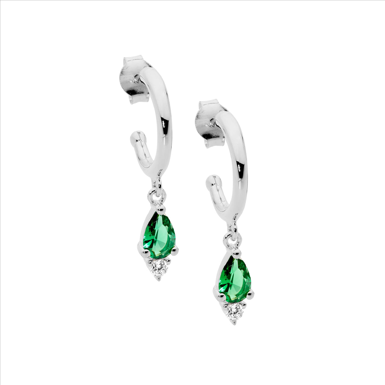 Sterling silver 13mm hoop earrings, green pear & wh round cubic zirconia drop - rrp $119