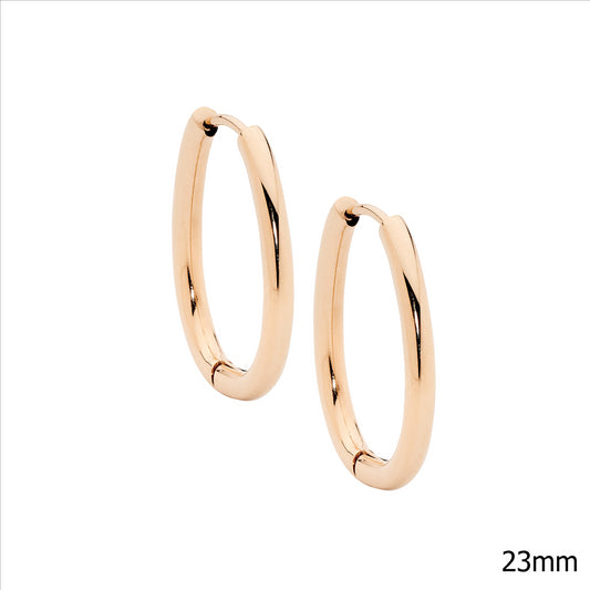 Stainless steel oval 23mm tube hoop earrings, rose gold IP plated