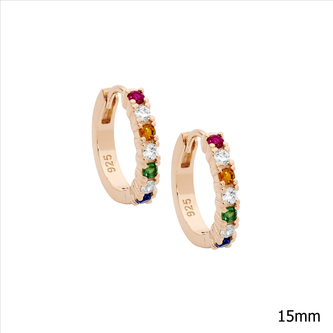 Sterling Silver Rose Gold Plated White And Multi Coloured Cubic Zirconia 15Mm Huggies