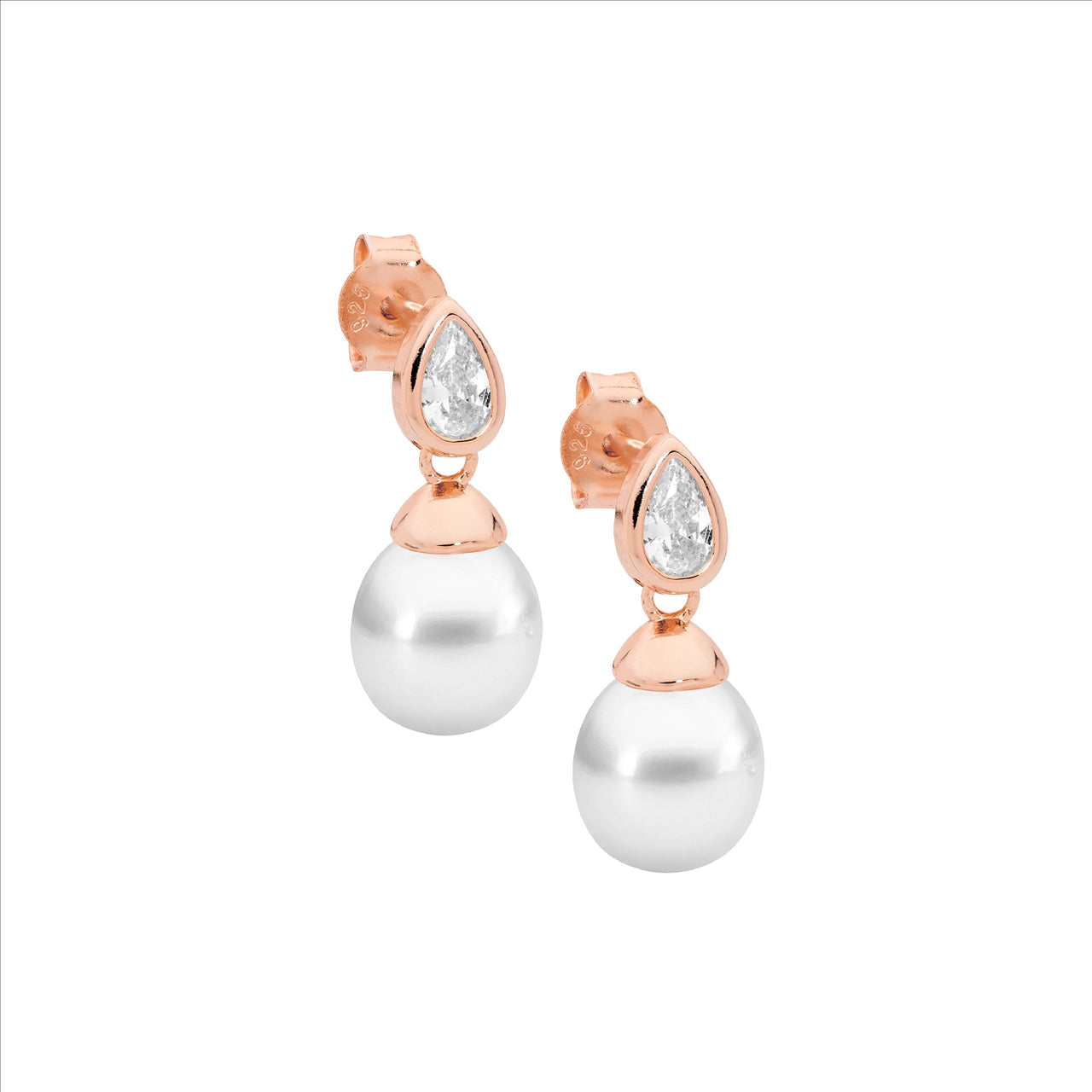 Sterling Silver White Pear Shaped Cubic Zirconia And Freshwater Pearl And Rose Gold Plating
