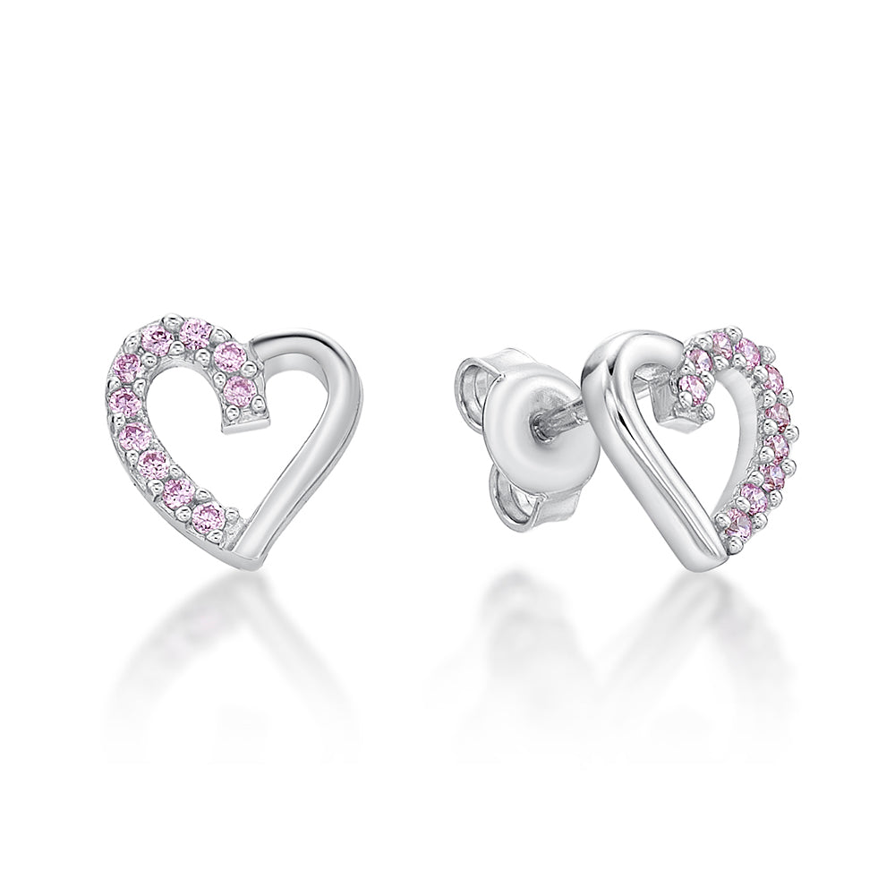 Sterling Silver Heart Shape With Pink Cubic Zirconia Stones Set Around One Side Of The Heart.