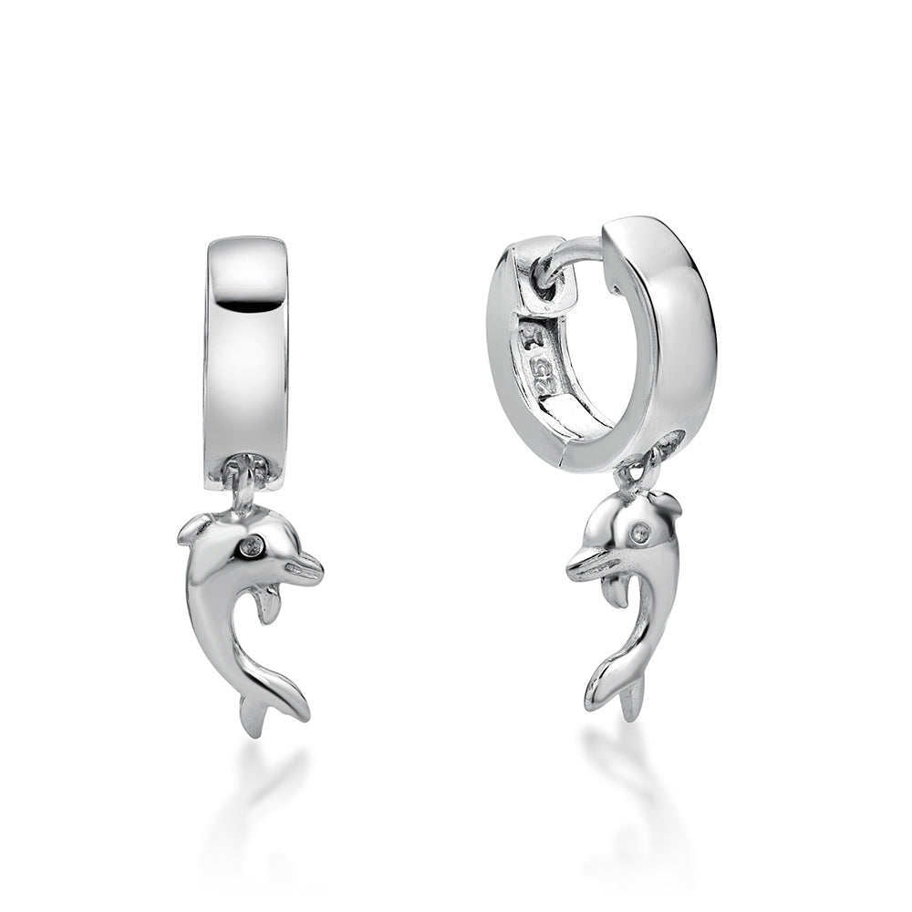 Sterling Silver Dolphin Huggie Drop Earrings