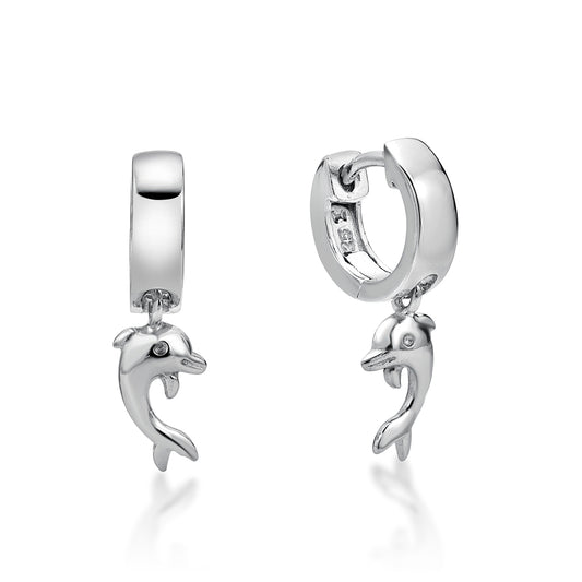 Sterling Silver Dolphin Huggie Drop Earrings