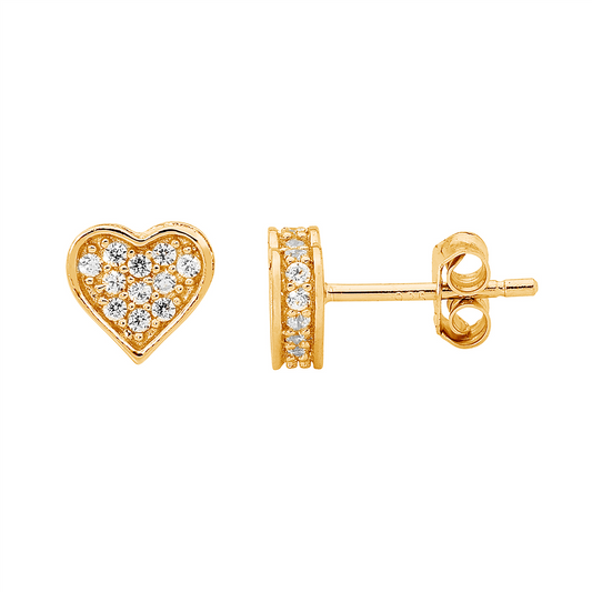 Sterling Silver White Cubic Zirconia Flat Heart Earrings With Gold Plating