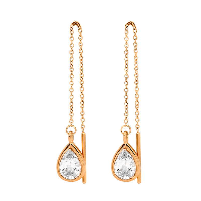 Stainless Steel Thread Earrings W/Wh Cz Pear & Rose Gold Ip Plating