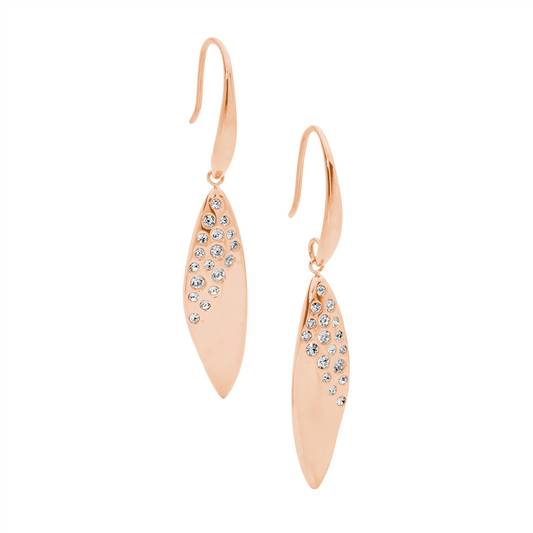 Stainless Steel Drop Earrings W/Scattered White Crystals, Rose Gold Ip Plated