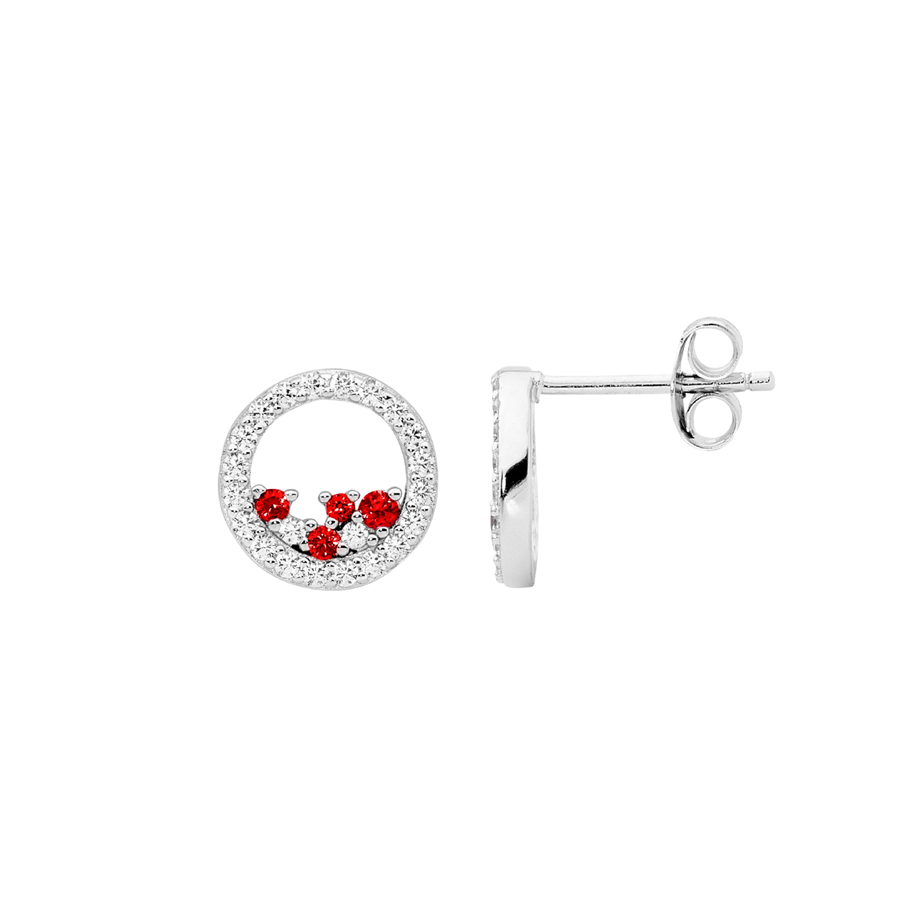 Sterling Silver White Cz 10Mm Open Circle Earrings W/Scattered Red & Wh Cz