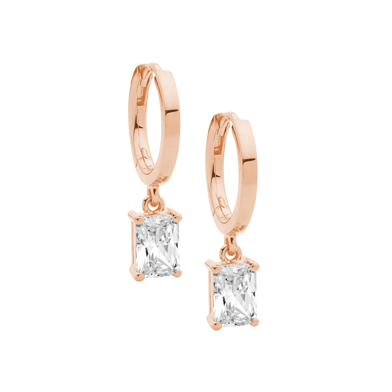 Sterling Silver 13Mm Huggie Earrings W/5X7 Radiant Wh Cz Drop, Rose Gold Plating