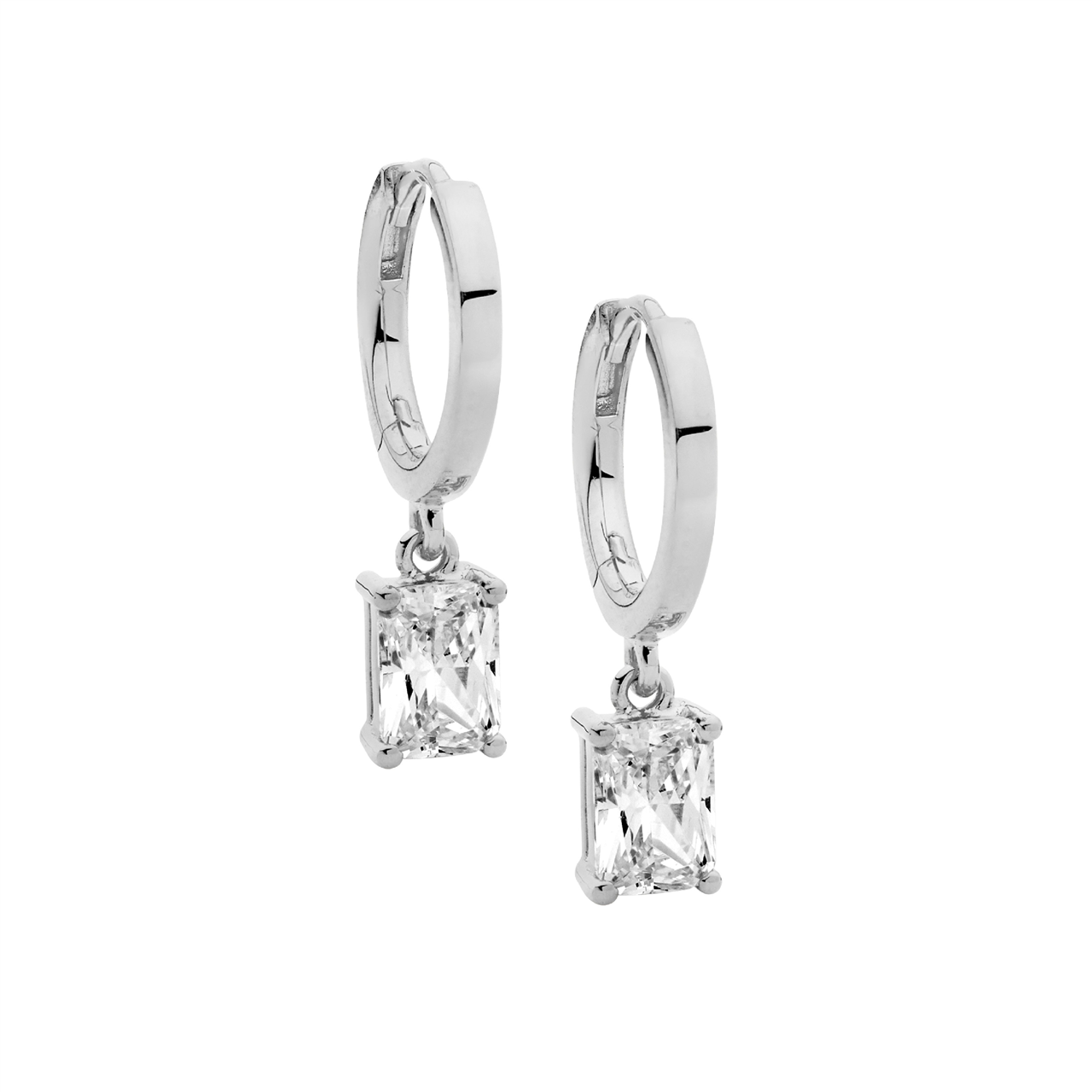 Sterling Silver 13Mm Huggie Earrings W/ 5X7 Radiant Wh Cz Drop