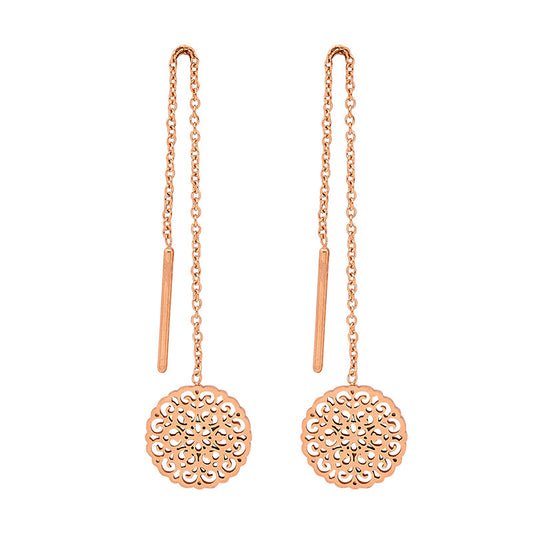 Stainless Steel Thread Earrings W/Filigree Disk & Rose Gold Ip Plating