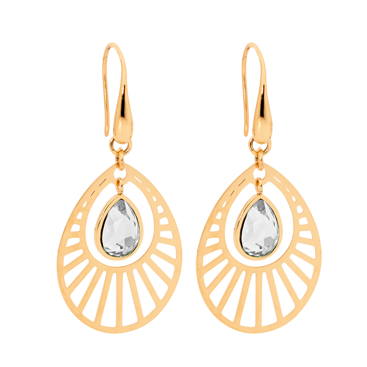 Stainless Steel Open Tear Drop Earrings W/Wh Glass Tear & Rose Gold Ip Plating