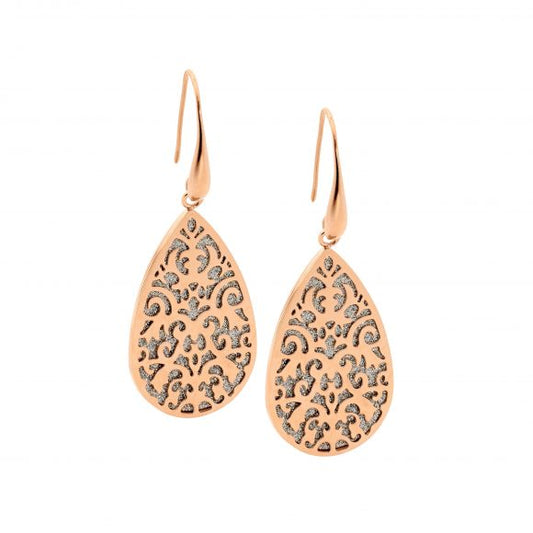 Stainless Steel Filigree Tear Earrings W/Shimmer Back & Rs Gold Ip Plating