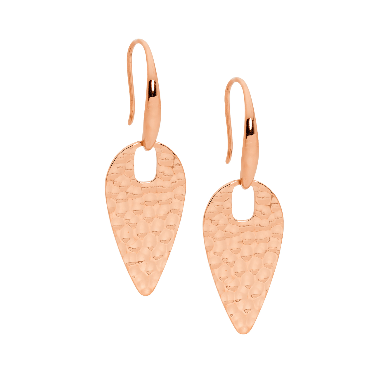 Stainless Steel Hammered Spear Drop Earrings W/Rose Gold Ip Plating
