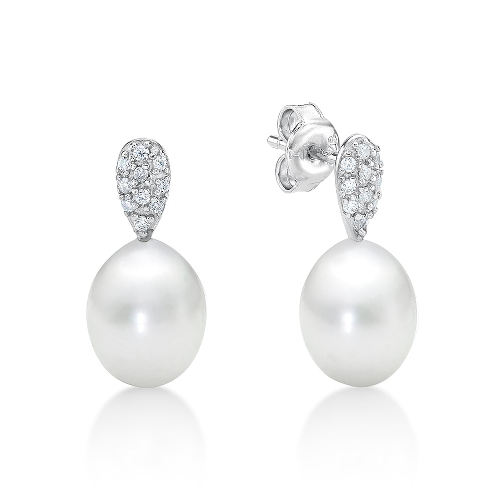 8Mm Freshwater White Pearl, Pave Tear Drop Earrings