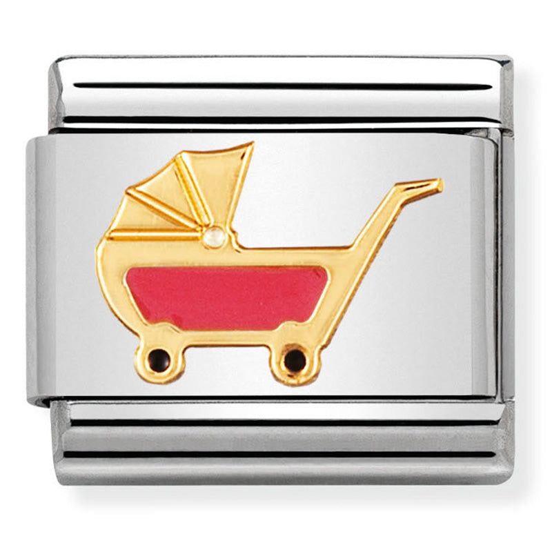 Stainless steel 18ct yellow gold pram charm