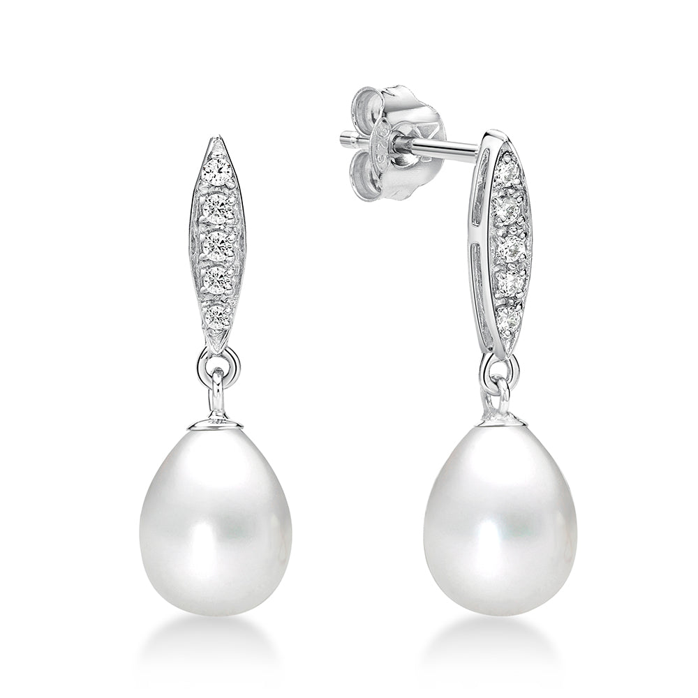 STERLING SILVER CZ PEARL DROP EARRINGS