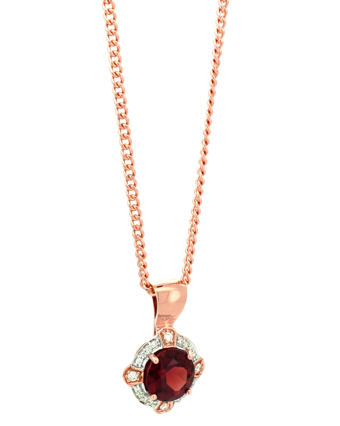 9CT ROSE GOLD PENDANT WITH D4-SI3 DIAMOND AND GARNET